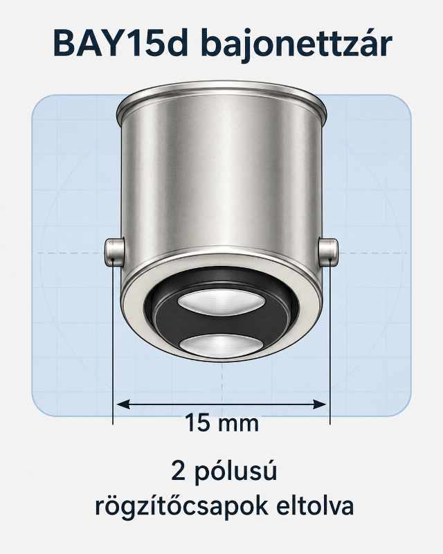 BAY15d bajonettzár pótizzó foglalat, 15 mm, 2 pólusú eltolt rögzítőcsapok
