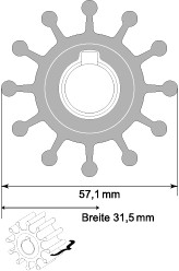 Impeller lapátkerék 57,1 × 31,5 mm – 16 mm reteszhornyos (Key Drive) tengely (neoprén)